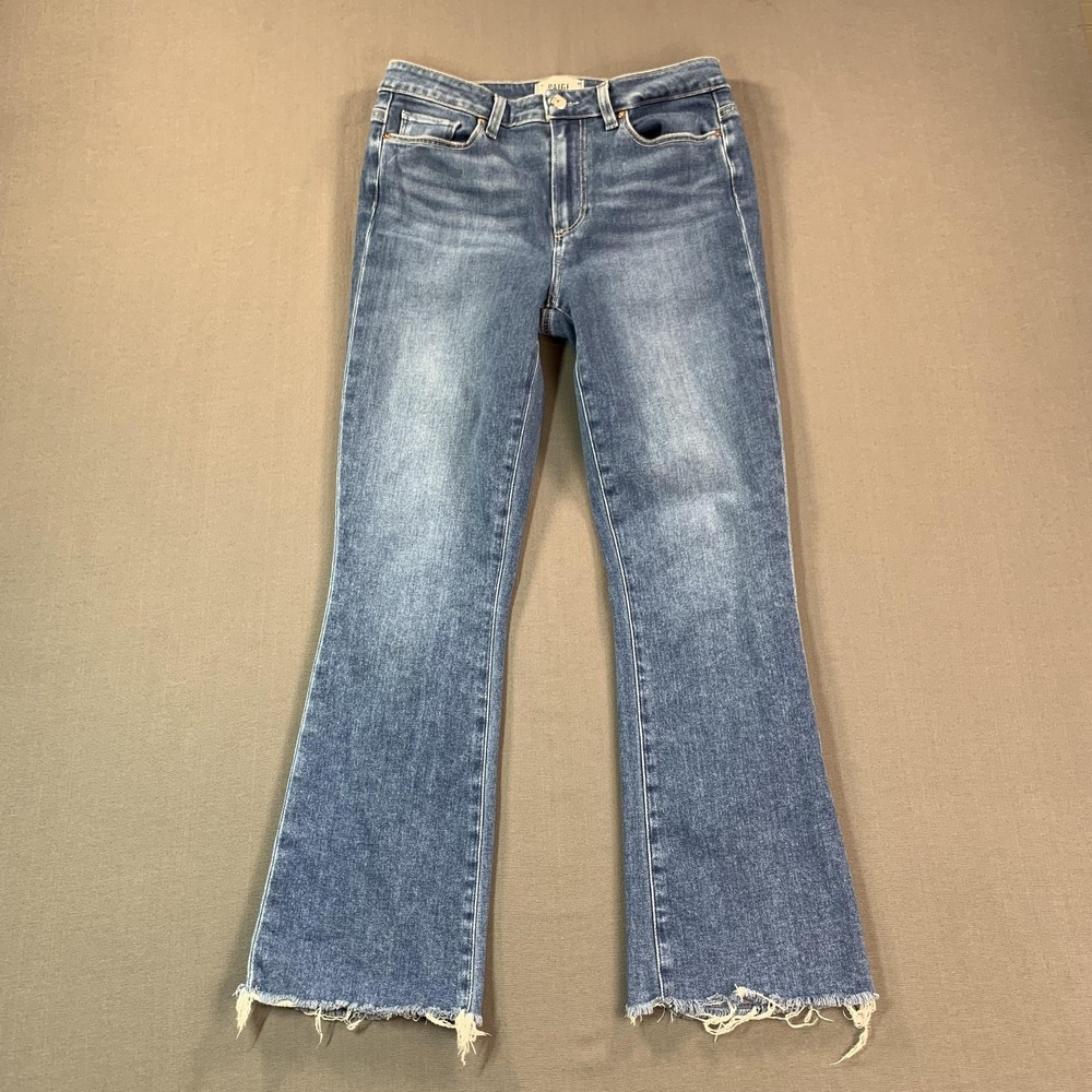Paige Jeans Womens 29x28 Blue Claudine Mid Rise Crop Flare Raw Hem Stretch - Picture 2 of 16